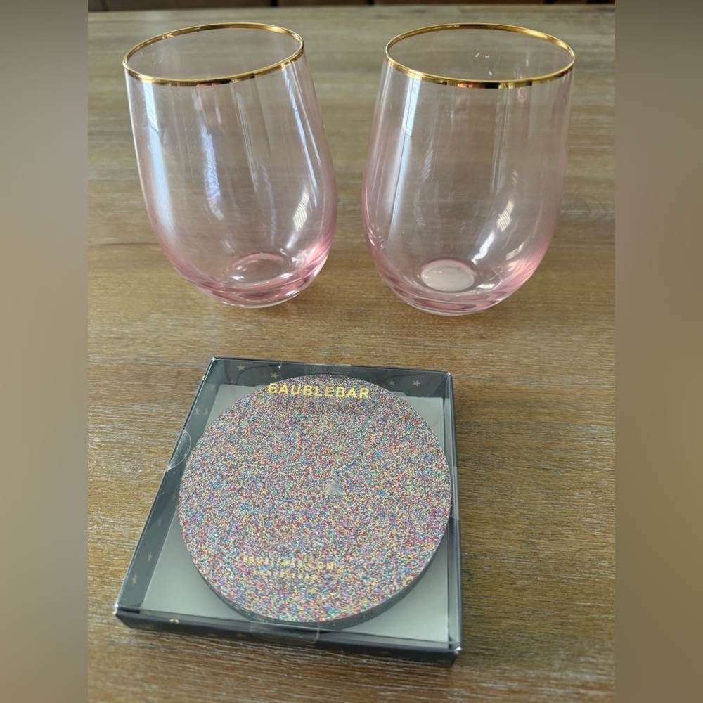 NEW Baublebar Sugar Spice Coaster Set of 4 Glitter and 2 Stemless pink gold rim